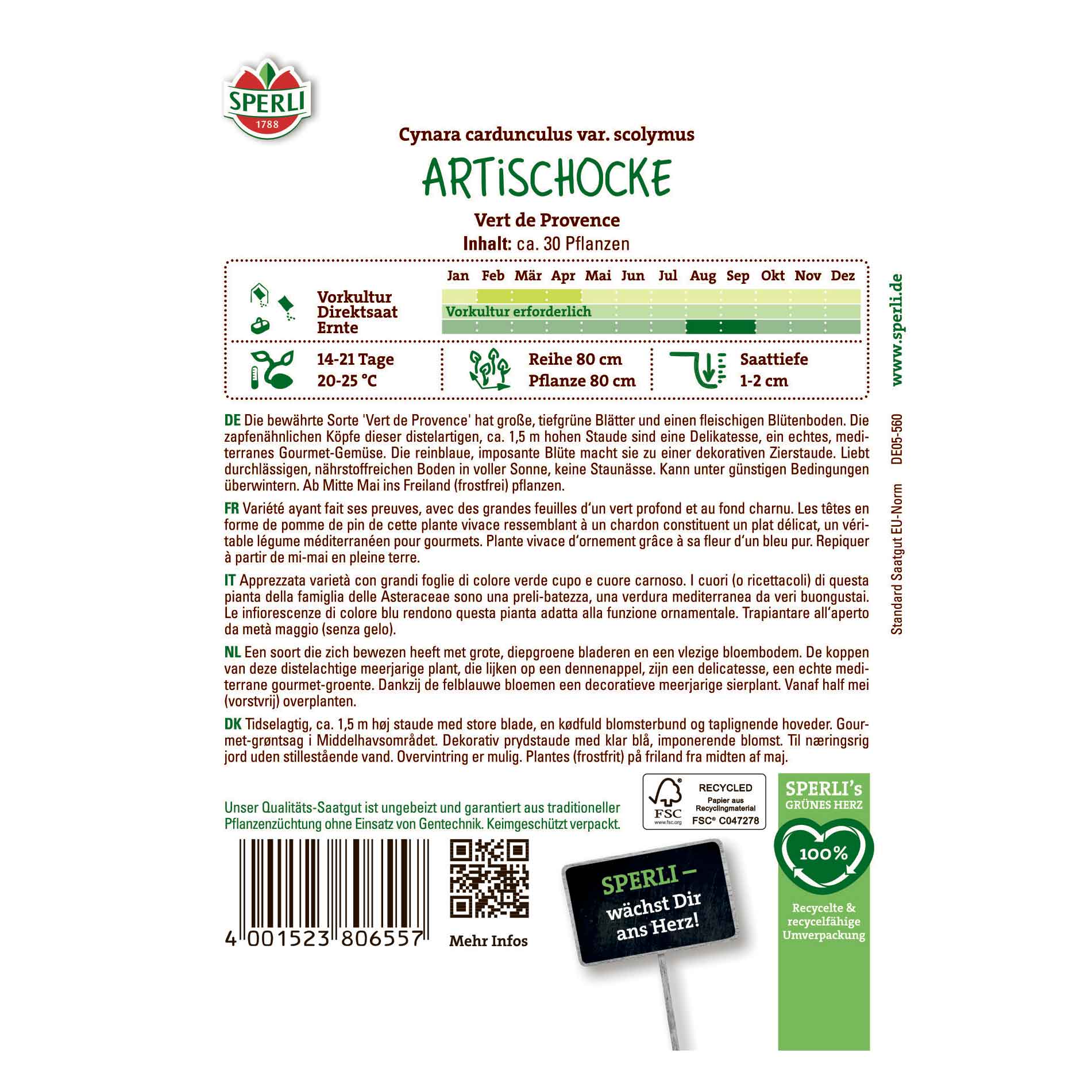 Kronärtskocksfrön - Sperli -Artischocke Vert de Provence