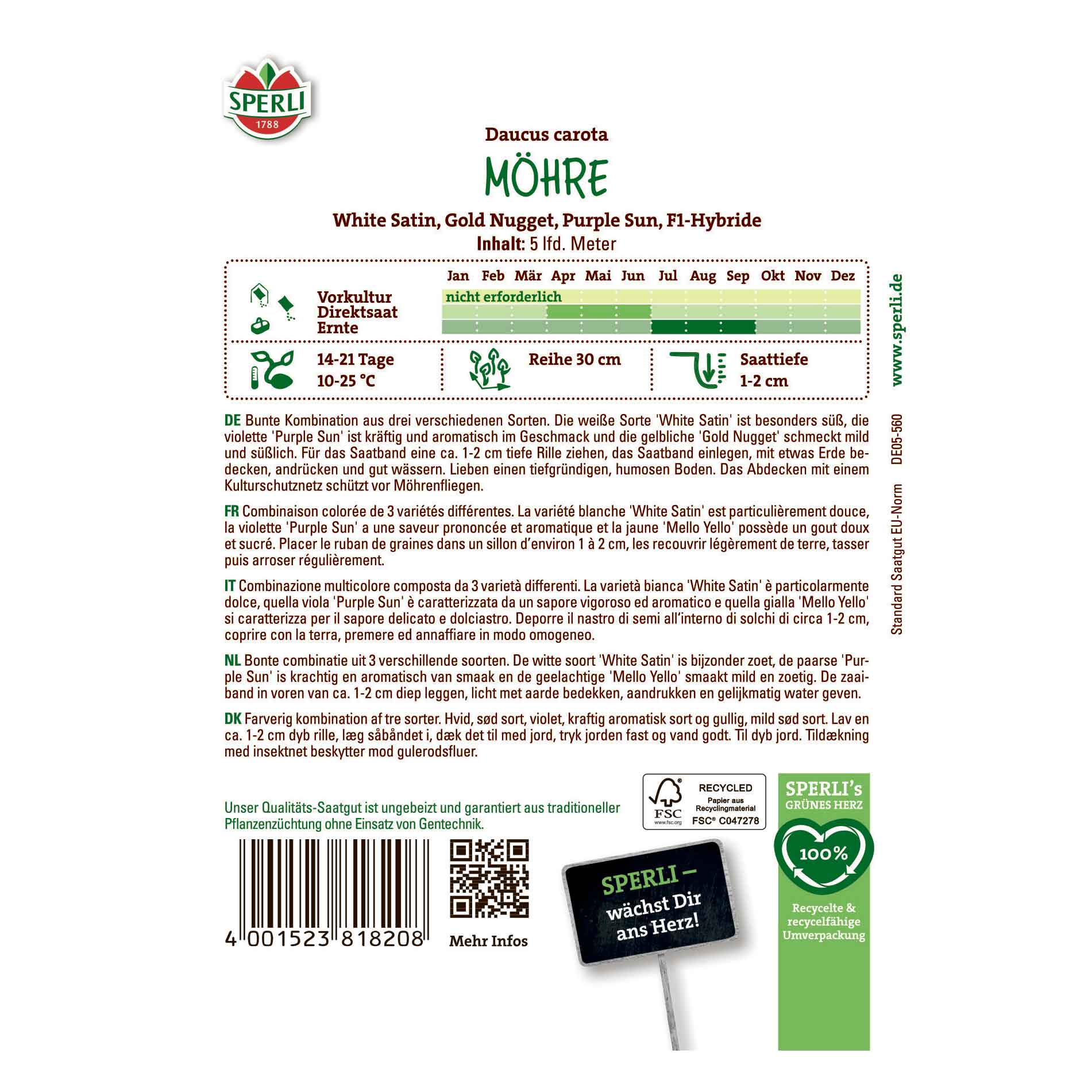 Morotsfrön, frötejp - Möhre Snögubbe, gult gäng, lila elit