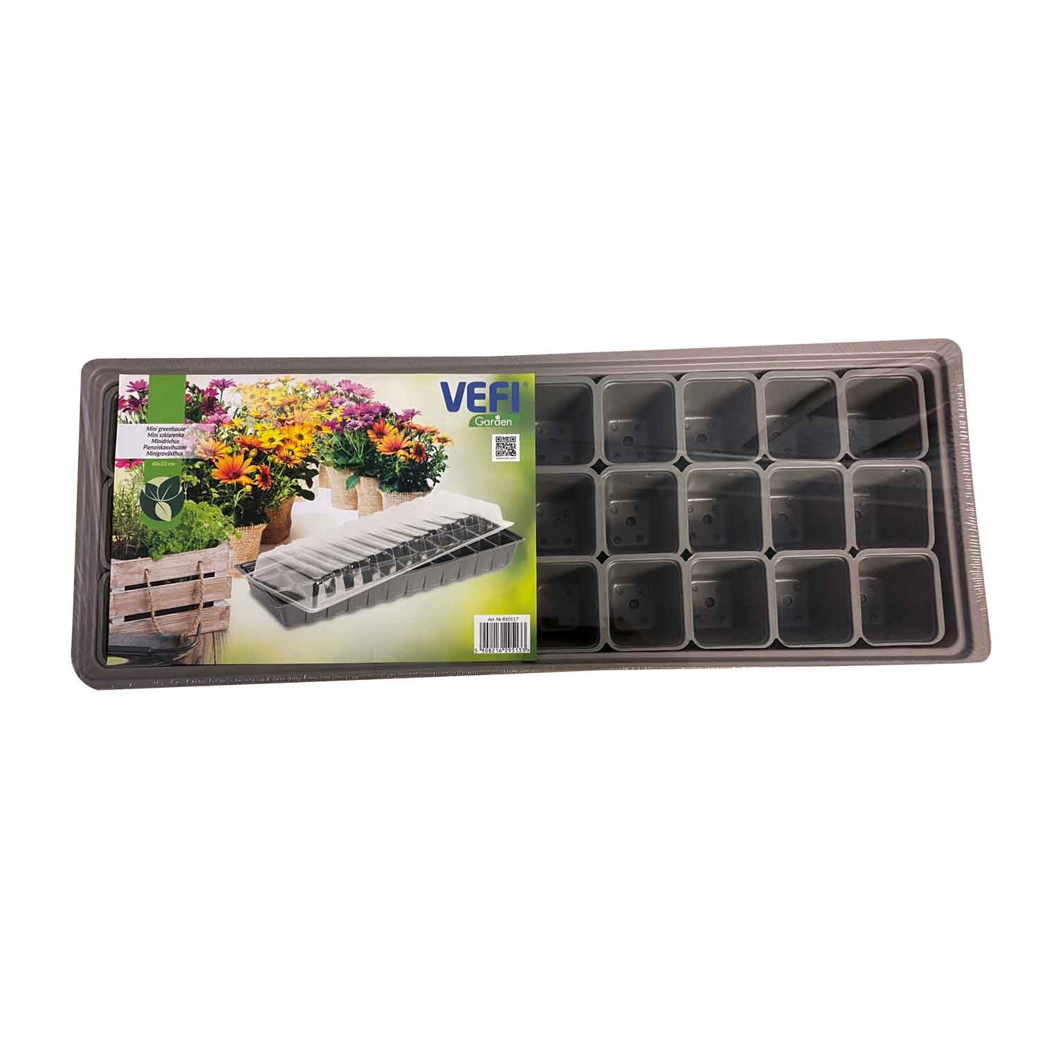Gråt mini drivhus 60 x 22cm med 30 potter