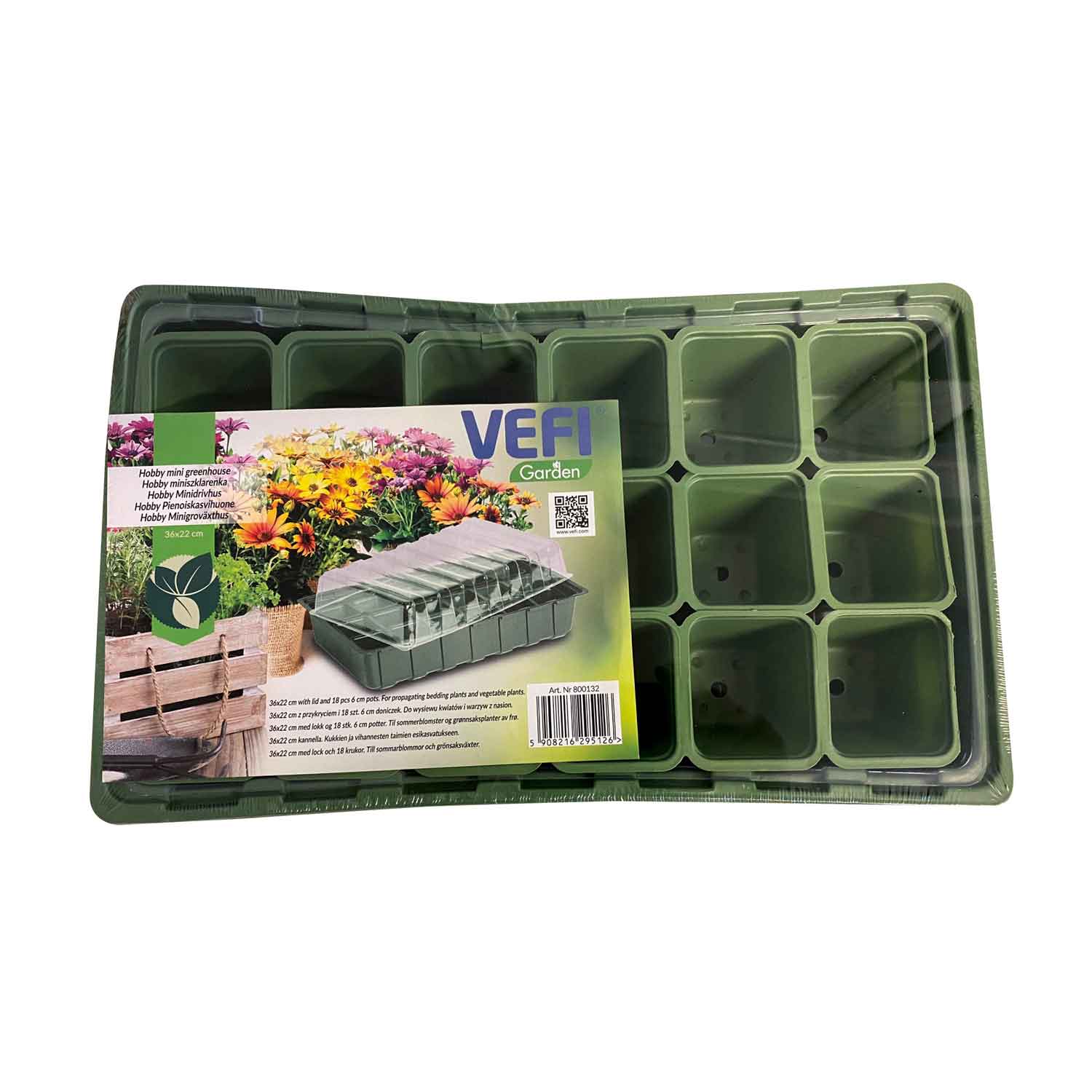 Gråt mini drivhus 36 x 22cm med 18 potter